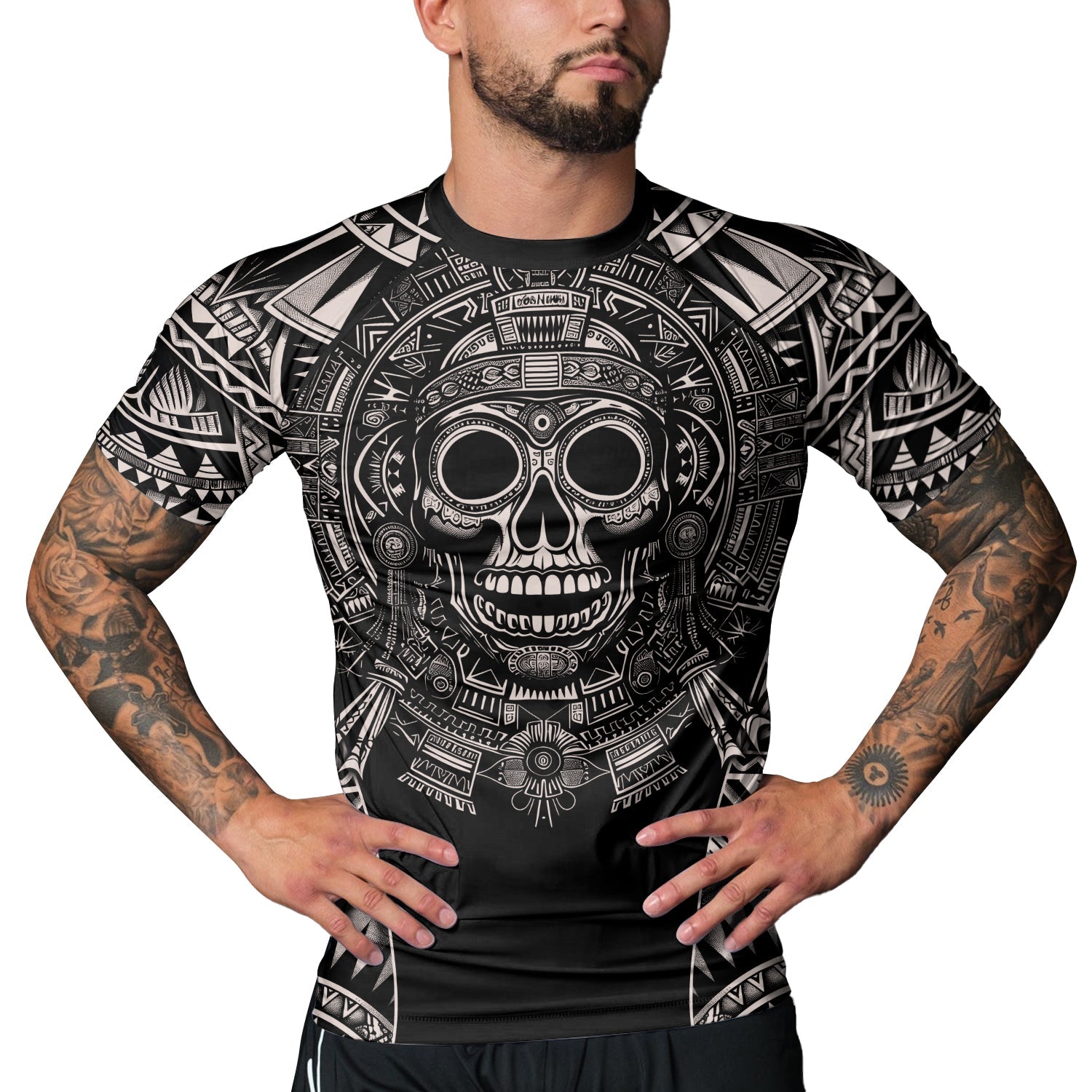 Rashninja Aztec Tribe Warrior Cranium Men's Short Sleeve Rash Guard