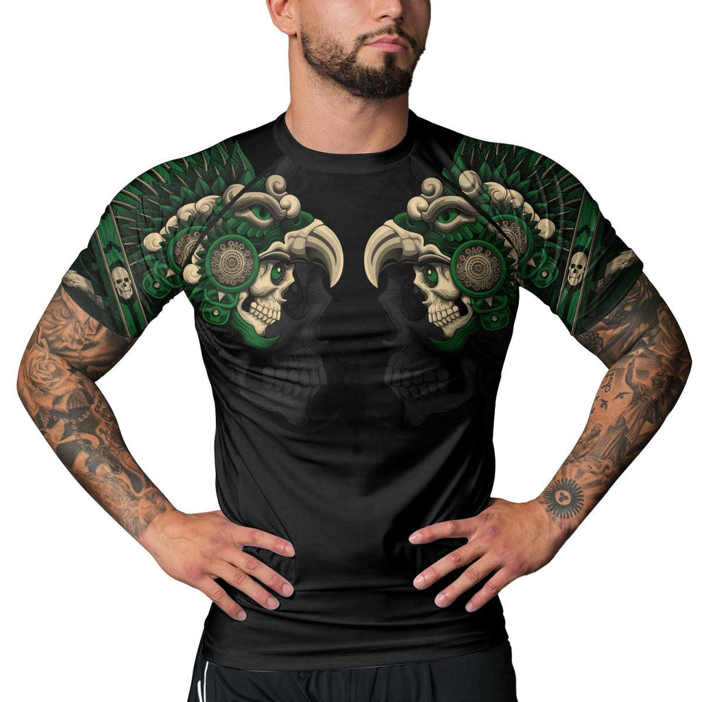 Rashninja Aztec Eagle Warrior Skull Men's Short Sleeve Rash Guard