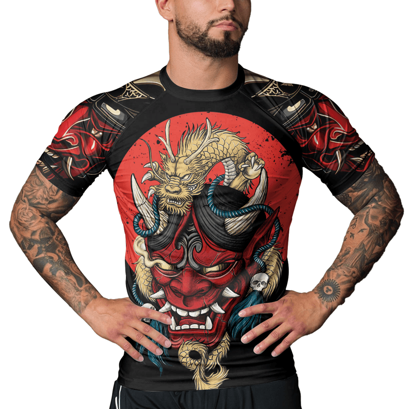 Rashninja Samurai Oni Mask And Dragon Men's Short Sleeve Rash Guard