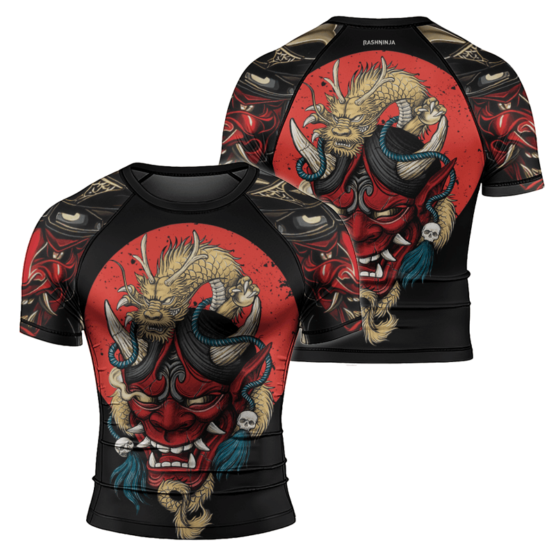 Rashninja Samurai Oni Mask And Dragon Men's Short Sleeve Rash Guard